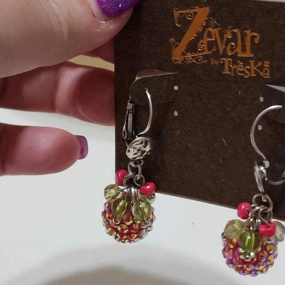 Zevar by Treska Pink Green Sequin Orb Beaded Drop Earrings Silver Tone Leverback